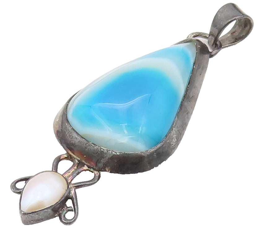 925 Silver  Vintage Blue and white Shaded Pearl Drop Shape Pendant  PT22055