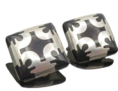 MEXICO 925 Silver  Vintage Black Onyx Pattern Non Pierce Earrings  EG6051