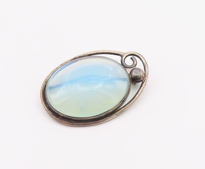 925 Sterling Silver  Vintage Blue Stone Oval Swirl Border Brooch Pin  BP8051