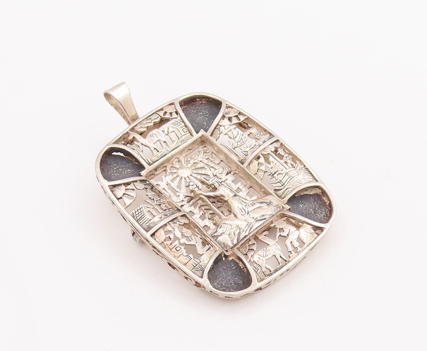925 Sterling Silver Vintage Brooch Pin Egyptian Tribal Life Carved   BP11106
