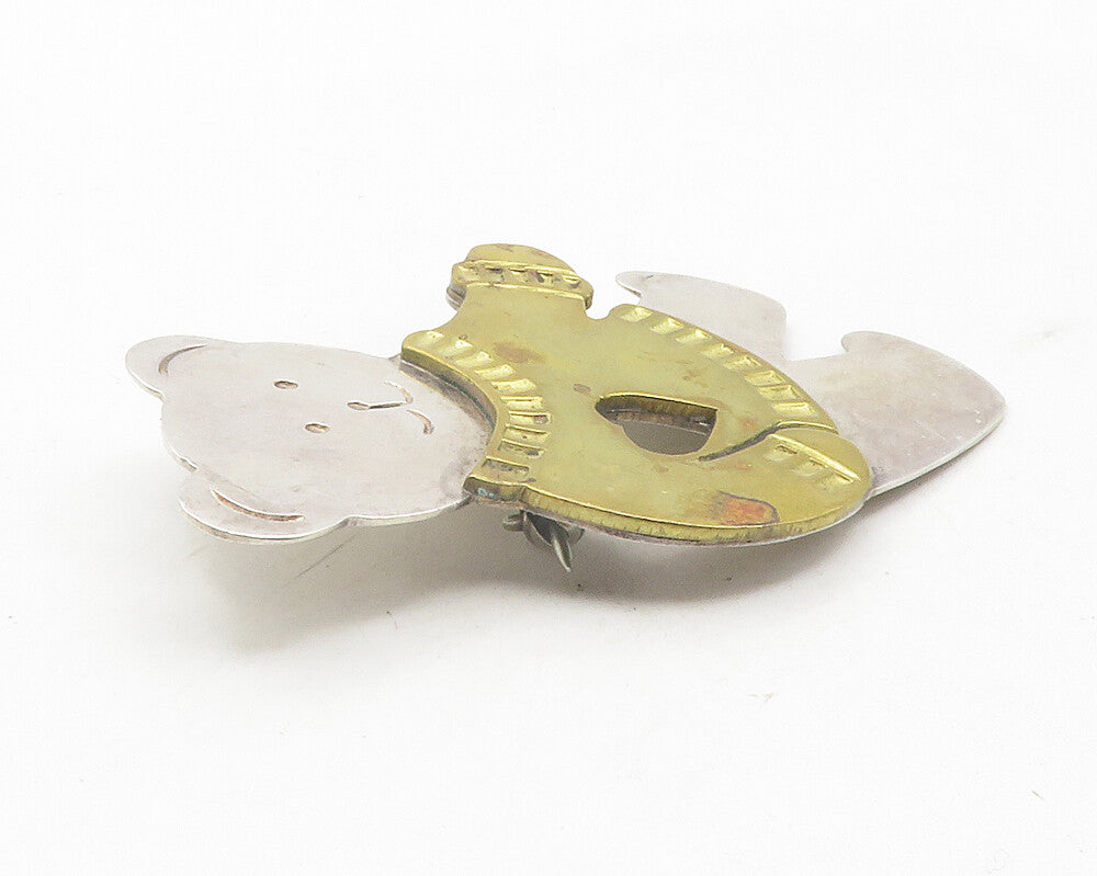 MEXICO 925 Silver  Vintage Two Tone Teddy Bear Love Heart Brooch Pin  BP4436