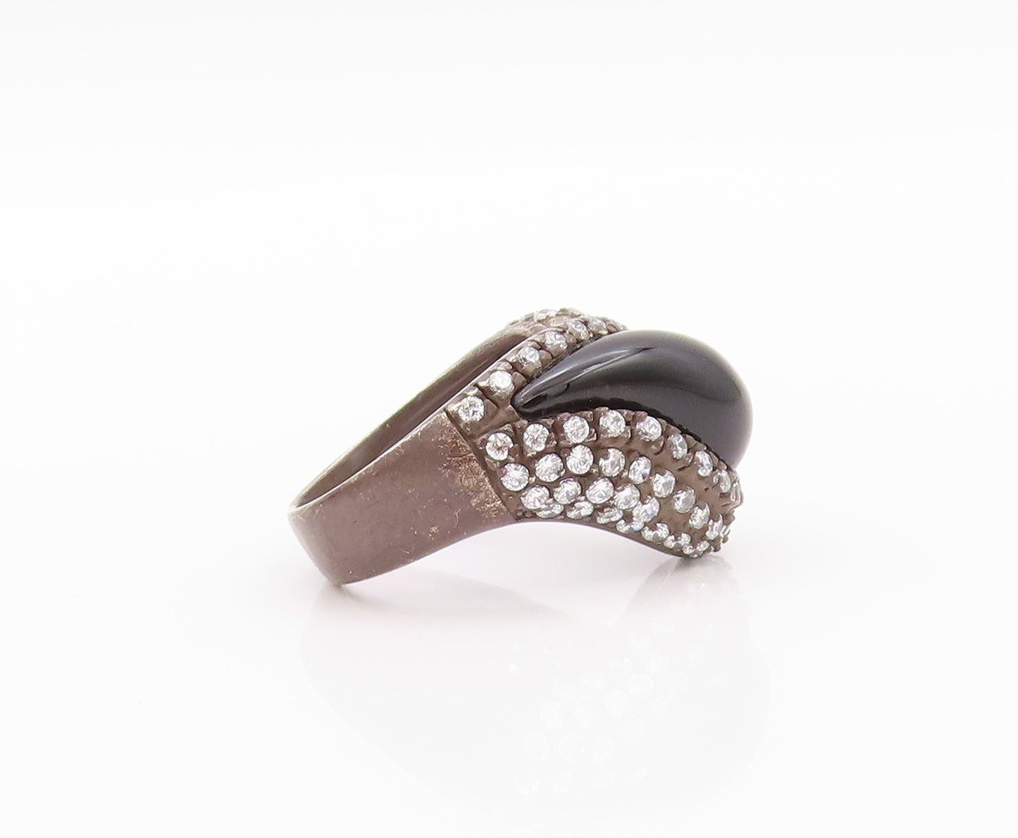 925 Sterling Silver Vintage Ring Dark Tone Onyx Halo CZ Inlay Sz 7  RG32372
