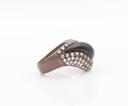 925 Sterling Silver Vintage Ring Dark Tone Onyx Halo CZ Inlay Sz 7  RG32372