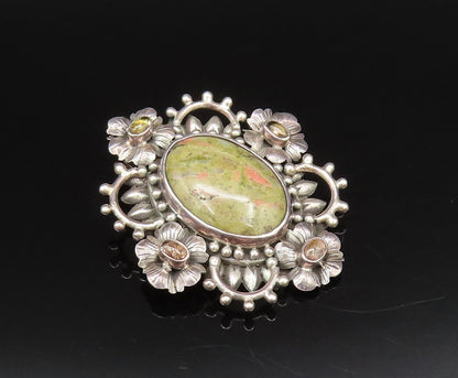 925 Silver  Vintage Cabochon Unakite & Peridot Floral Cluster Pendant  PT21917