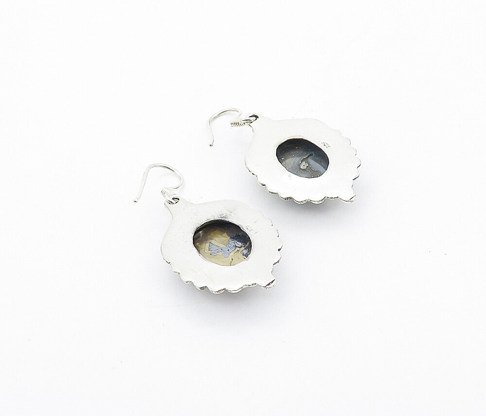 925 Sterling Silver  Vintage Cabochon Cut Agate Shiny Dangle Earrings  EG3146