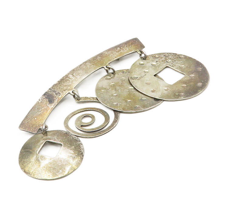 MEXICO 925 Sterling Silver  Vintage Dangling Spiral Charms Brooch Pin  BP3979