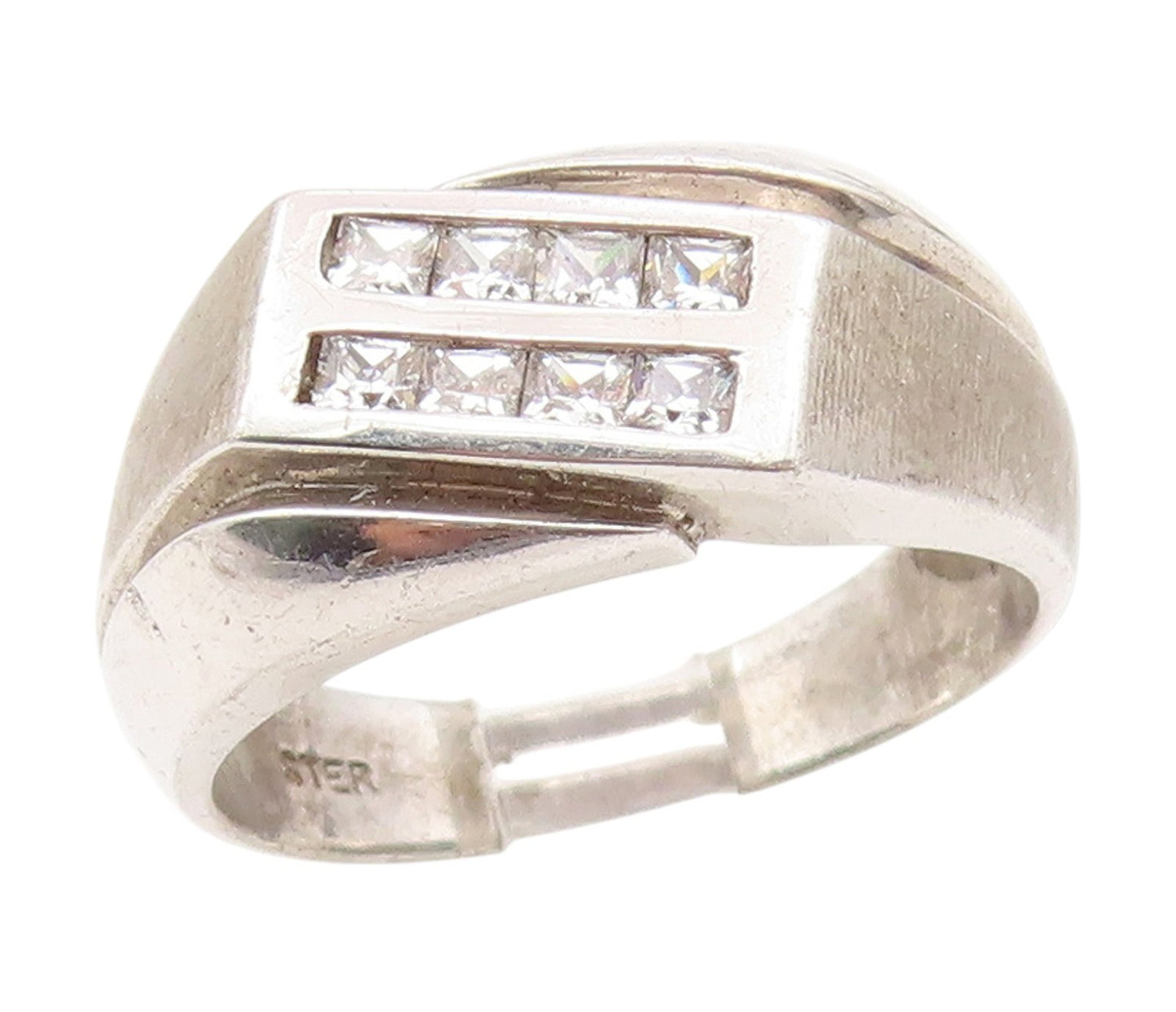 925 Sterling Silver Vintage Ring Modernist Double Row CZ Band  Sz 10  RG34540