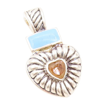 925 Sterling Silver Vintage Pendant Solid Gemstone Inlay Grooved Heart  PT23898