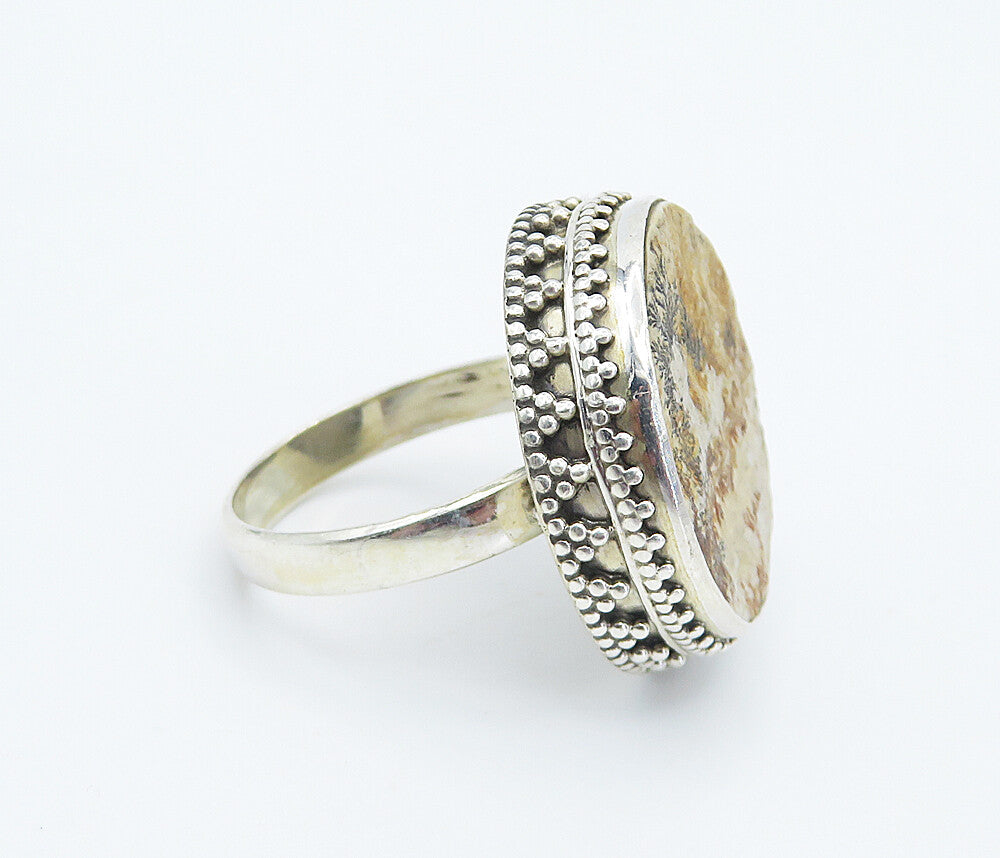 925 Sterling Silver  Brown Jasper Round Shiny Cocktail Ring Sz 10  RG8303