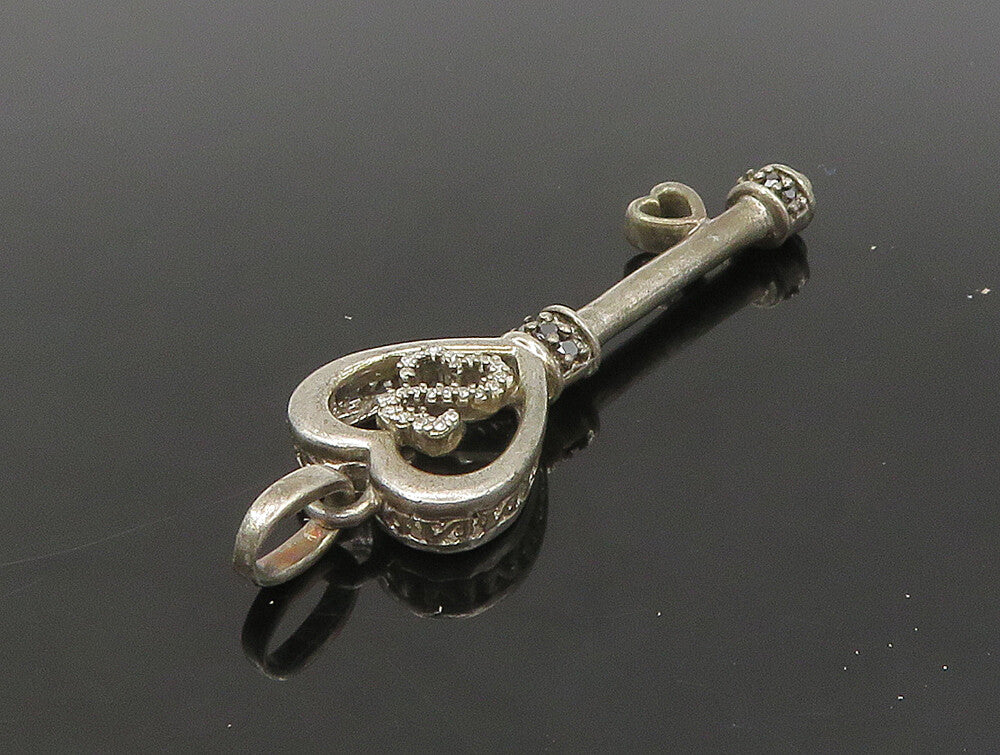 925 Silver  Vintage Genuine Black & White Diamonds Heart Key Pendant  PT19687