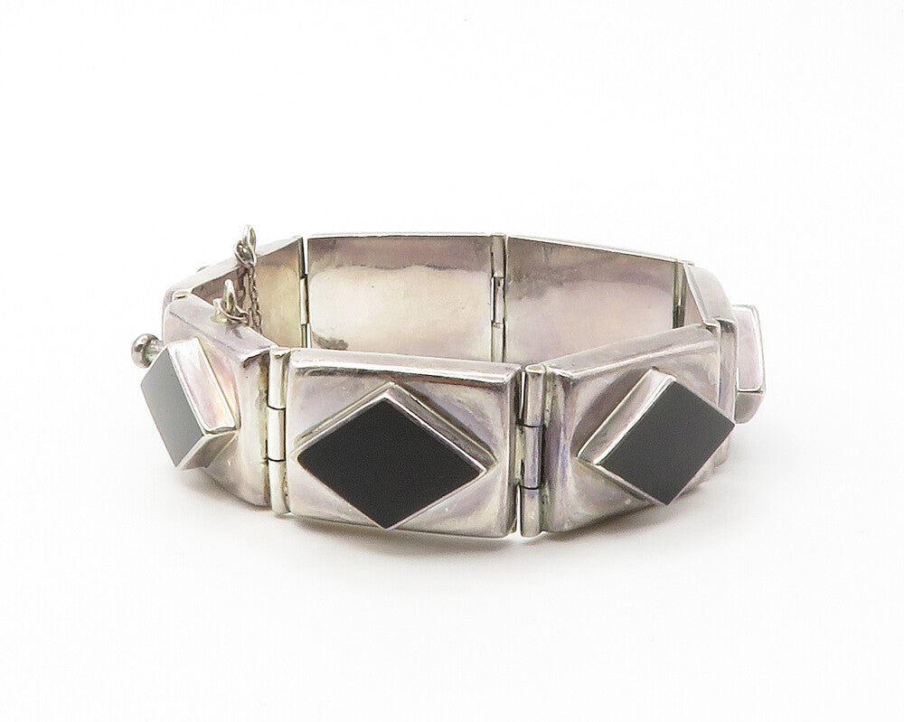 925 Sterling Silver  Vintage Diamond Shape Black Onyx Chain Bracelet  BT5584