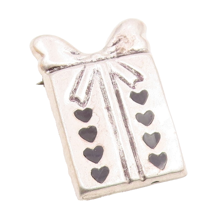 MEXICO 925 Silver  Vintage Black Onyx Ribbon Bow Gift Box Brooch Pin  BP7761