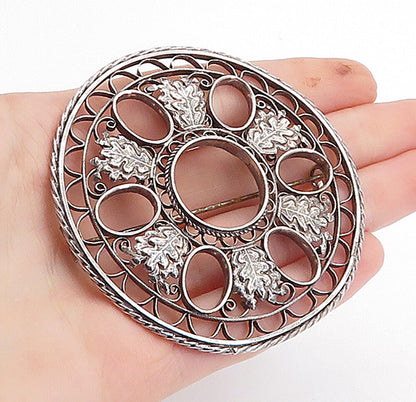 925 Sterling Silver  Vintage Dark Tone Round Open Twist Brooch Pin  BP1279