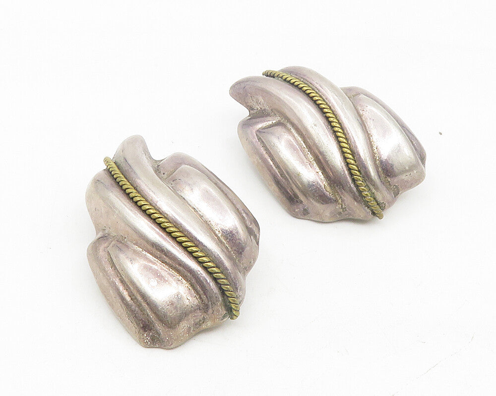 MEXICO 925 Silver  Vintage Two Tone Rope Twist Non Pierce Earrings  EG5559