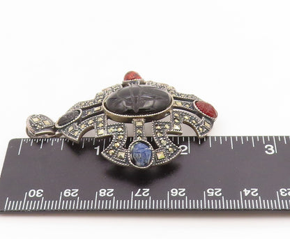 925 Sterling Silver Vintage Pendant JUDITH JACK Carved Scarab Gemstone  PT25901