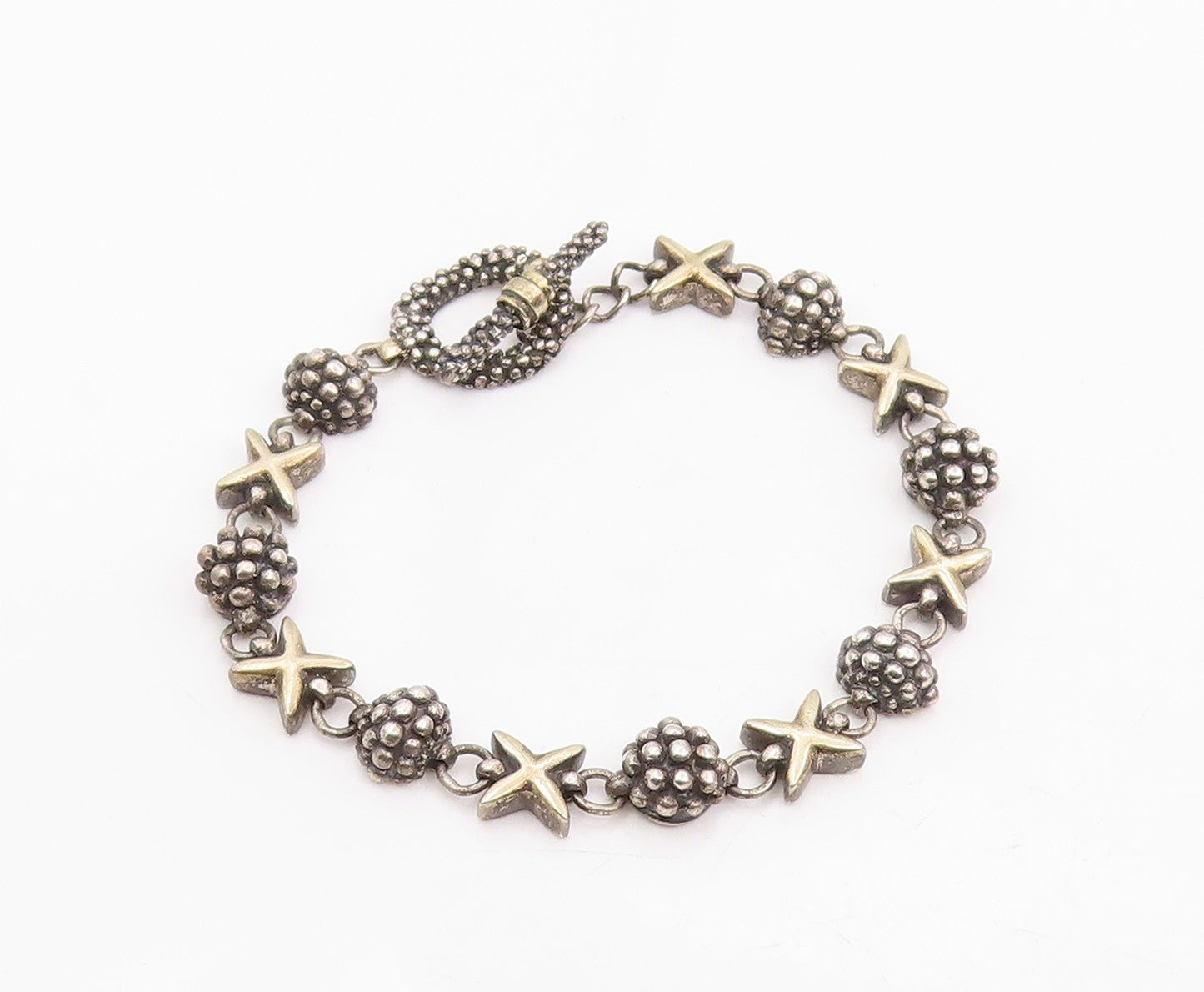 14k Gold & 925 Sterling Silver Vintage Bracelet Beaded Ball & Cross Link BT11978