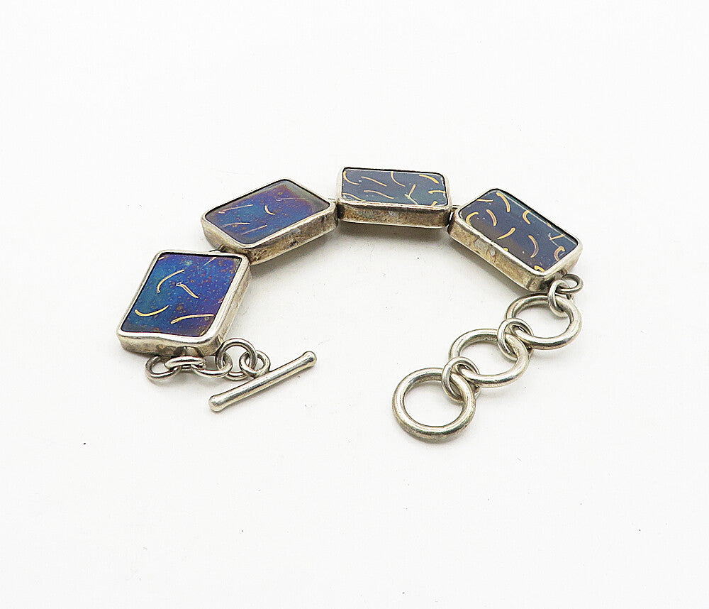 925 Sterling Silver  Vintage Enamel Art Square Link Chain Bracelet  BT1660