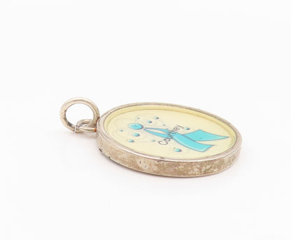 925 Sterling Silver Vintage Pendant A Teal Awareness Ribbon Design  PT24327