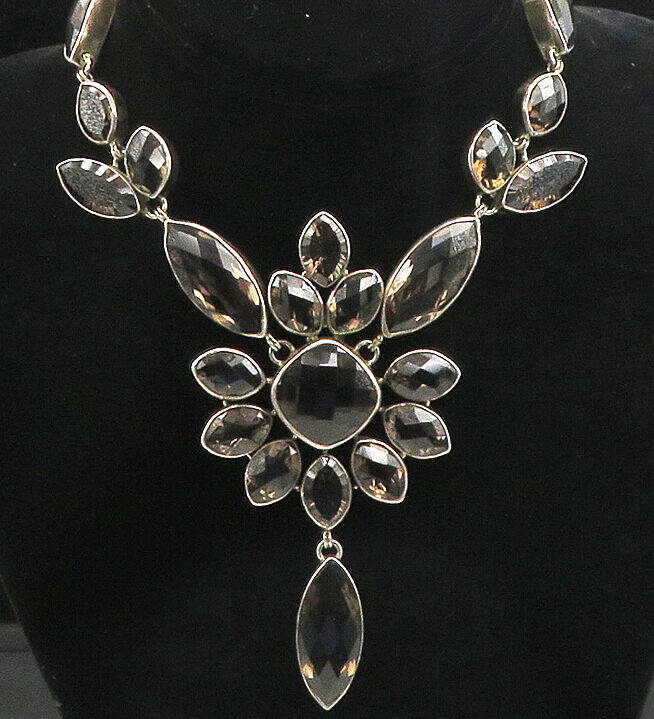 925 Sterling Silver  Vintage Smoky Topaz Floral Motif Chain Necklace  NE3169