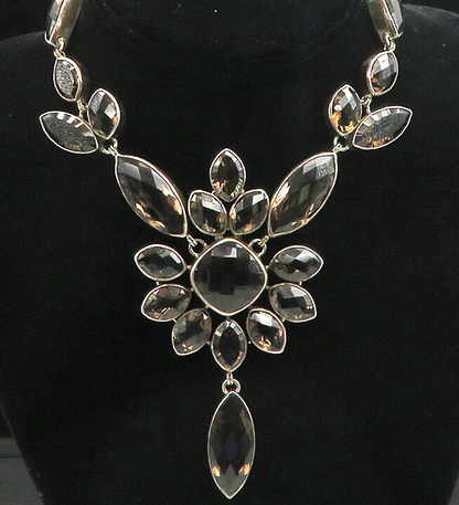 925 Sterling Silver  Vintage Smoky Topaz Floral Motif Chain Necklace  NE3169