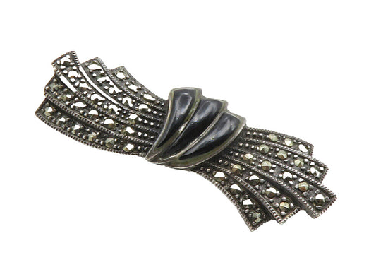 925 Sterling Silver  Vintage Black Onyx & Marcasite Ribbon Brooch Pin  BP4611