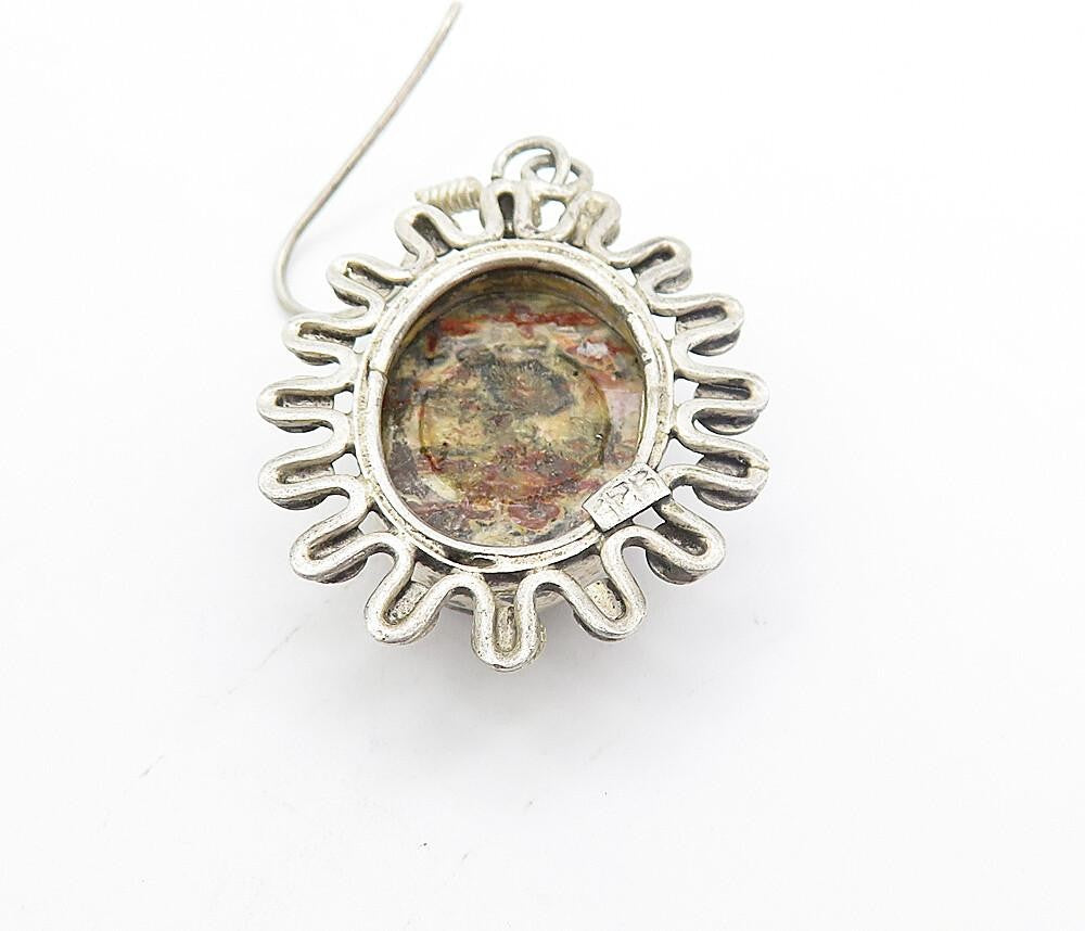925 Sterling Silver  Vintage Cabochon Cut Jasper Floral Dangle Earrings EG3641