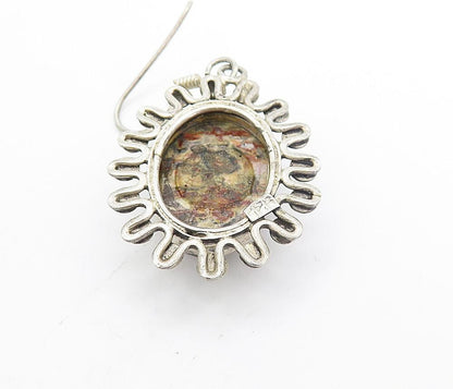 925 Sterling Silver  Vintage Cabochon Cut Jasper Floral Dangle Earrings EG3641