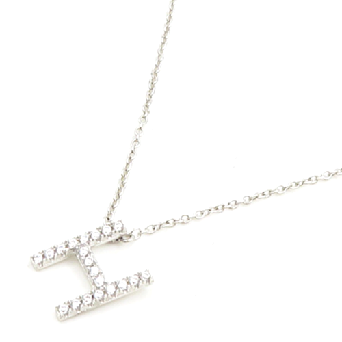 925 Sterling Silver  Shiny Cubic Zirconia H Initial Chain Necklace  NE3136