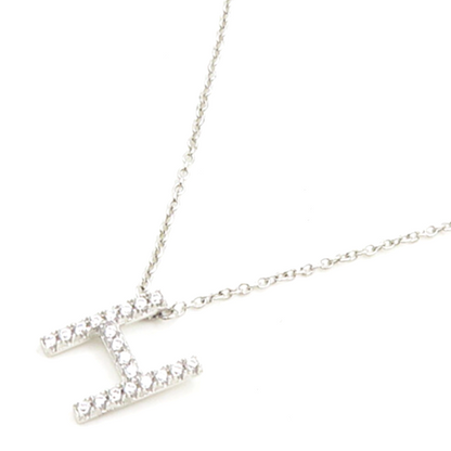 925 Sterling Silver  Shiny Cubic Zirconia H Initial Chain Necklace  NE3136