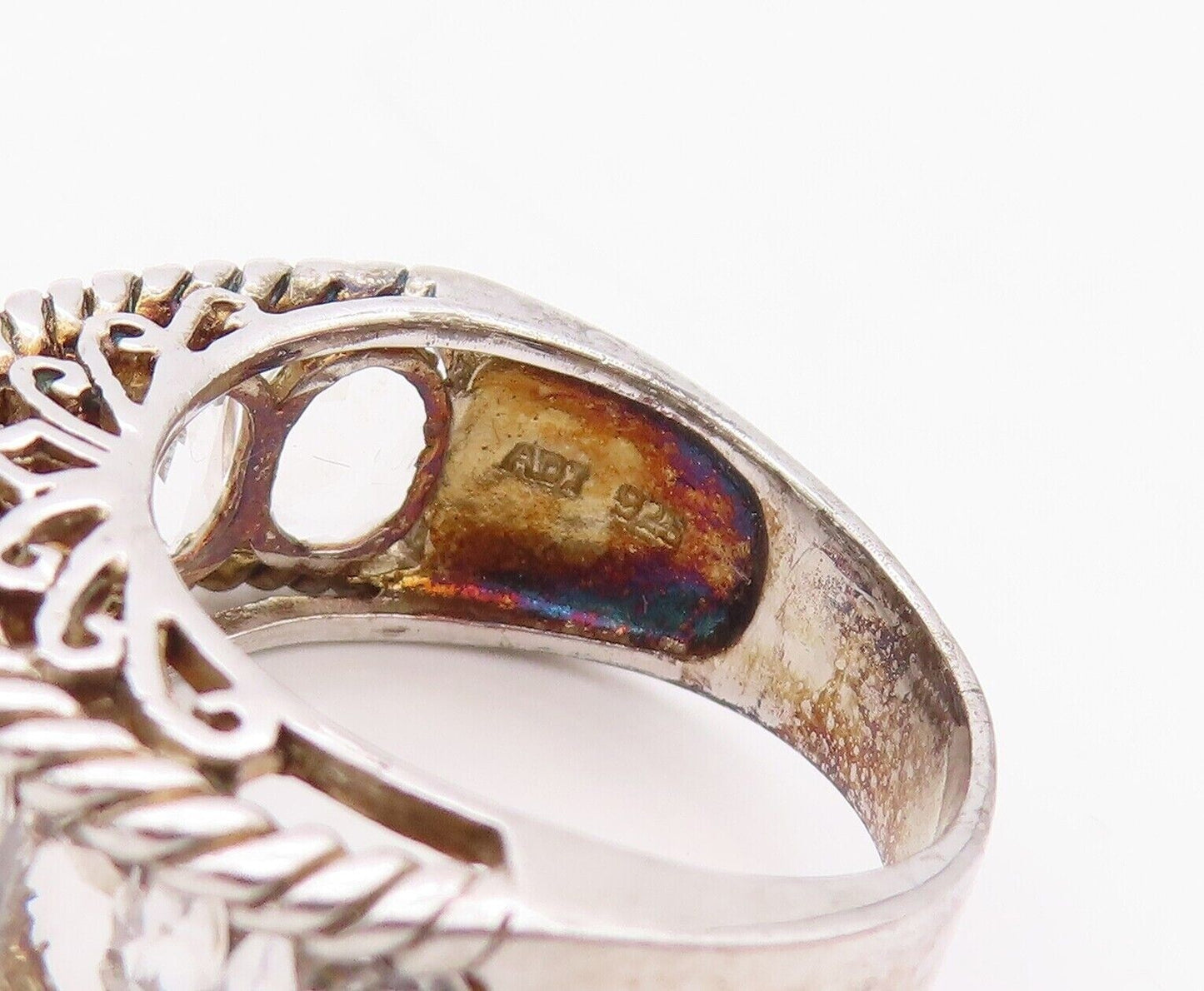 925 Sterling Silver Vintage Ring Rope Carved Oval Topaz band  Sz 8  RG29964