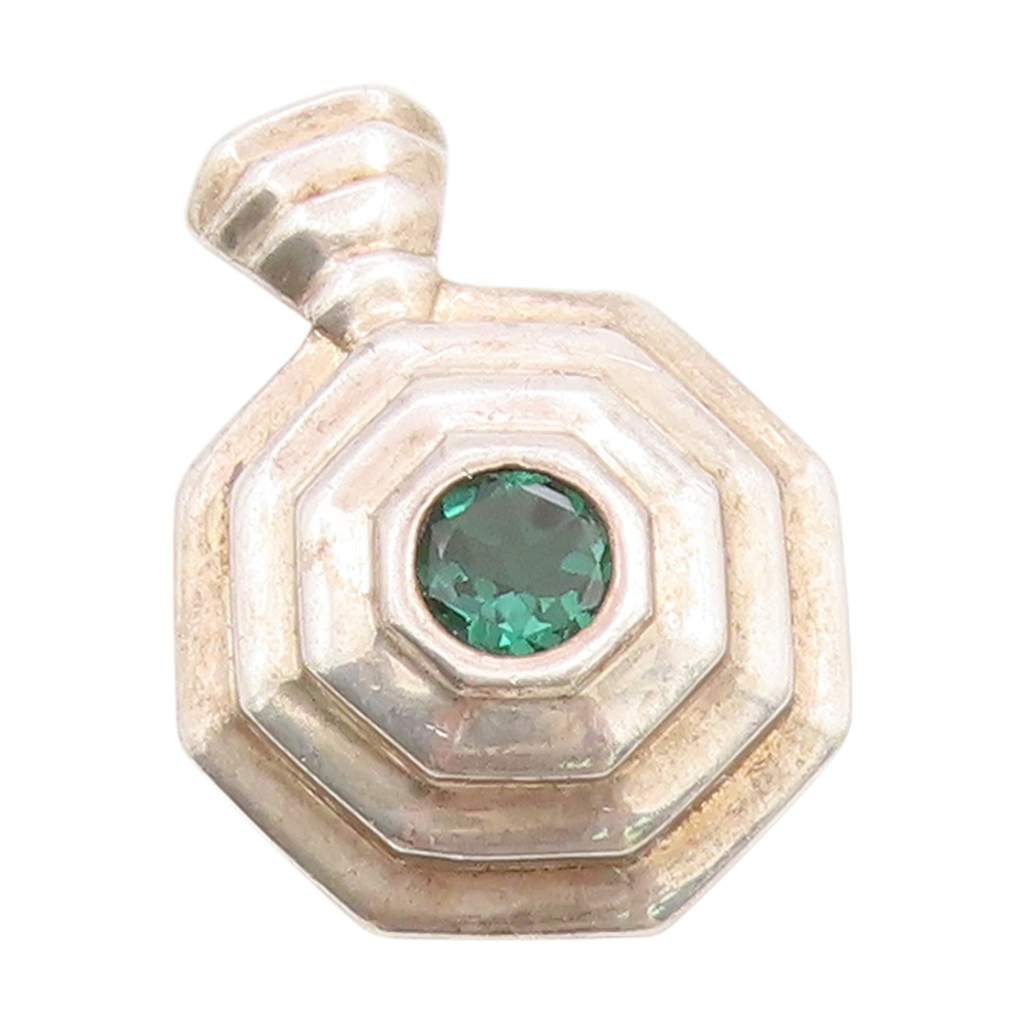 925 Sterling Silver Vintage Pendant Green CZ Geometric Octagon Charm  PT25820