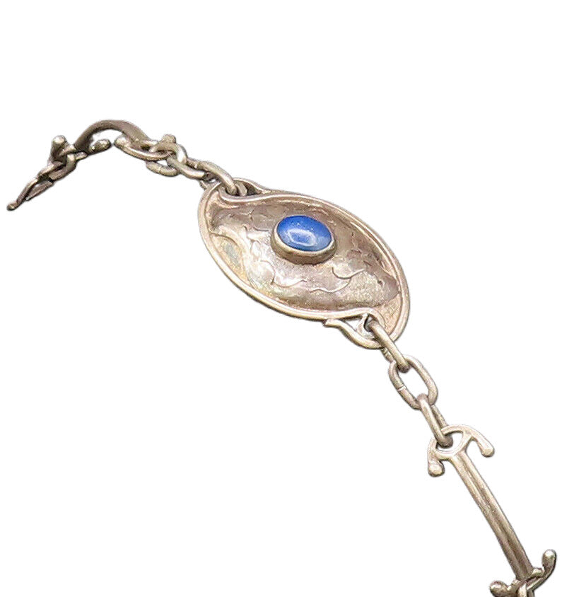 925 Silver  Vintage Etched Lines Lapis Lazuli Dome Chain Bracelet  BT9765