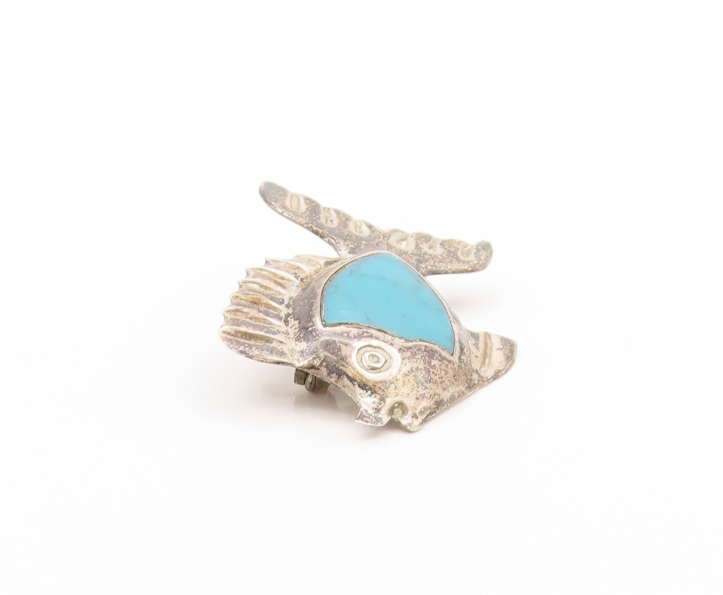 925 Sterling Silver Vintage Brooch MEXICO Turquoise Inlay Etched Fish  BP11852