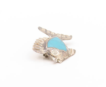 925 Sterling Silver Vintage Brooch MEXICO Turquoise Inlay Etched Fish  BP11852