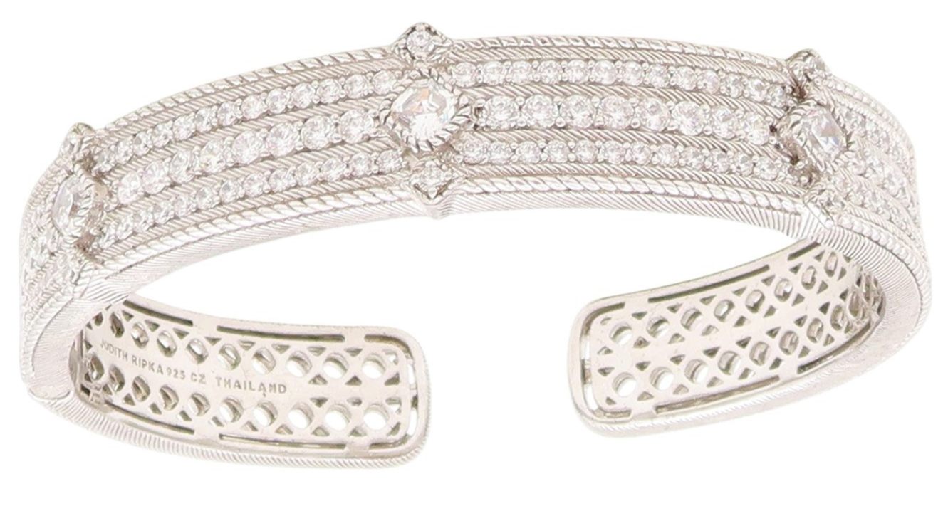 925 Sterling Silver Vintage Bracelet JUDITH RIPKA Elegant CZ Wide Cuff  BT11927
