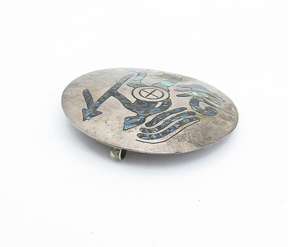 MEXICO 925 Sterling Silver  Vintage Abalone Shell Warrior Brooch Pin  BP1331