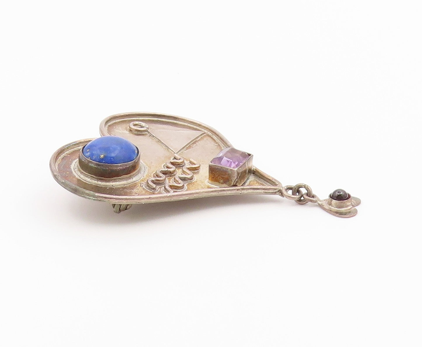 925 Sterling Silver Vintage Brooch Pin Multi Gemstone Mystic Love Heart  BP12640