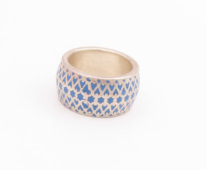 925 Sterling Silver Vintage Ring Blue Intricate Lattice Pattern  Sz 7  RG34497