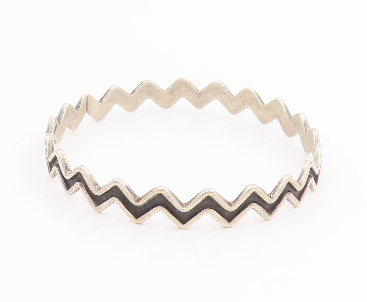 925 Sterling Silver Vintage Bracelet MEXICO Modernist Zig Zag Bangle  BT11616