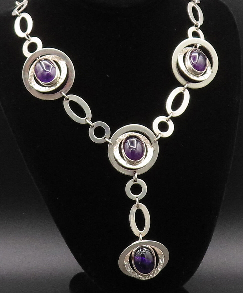 925 Silver  Vintage Hammered & Shiny Open Circle Amethyst Necklace  NE3899