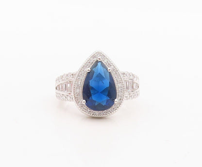 925 Sterling Silver Vintage Ring Drop Cut Sapphire Halo CZ Inlay Sz 7.5  RG30055