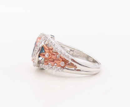 925 Sterling Silver Vintage Ring Floral Carved Sapphire & CZ Inlay Sz 7  RG30841