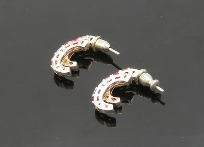 925 Sterling Silver  Vintage Genuine Diamonds & Ruby JHoop Earrings  EG9860