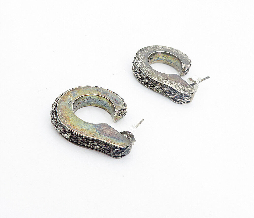 BALI 925 Silver  Vintage Dark Tone Basket Weave Braid JHoop Earrings  EG3107