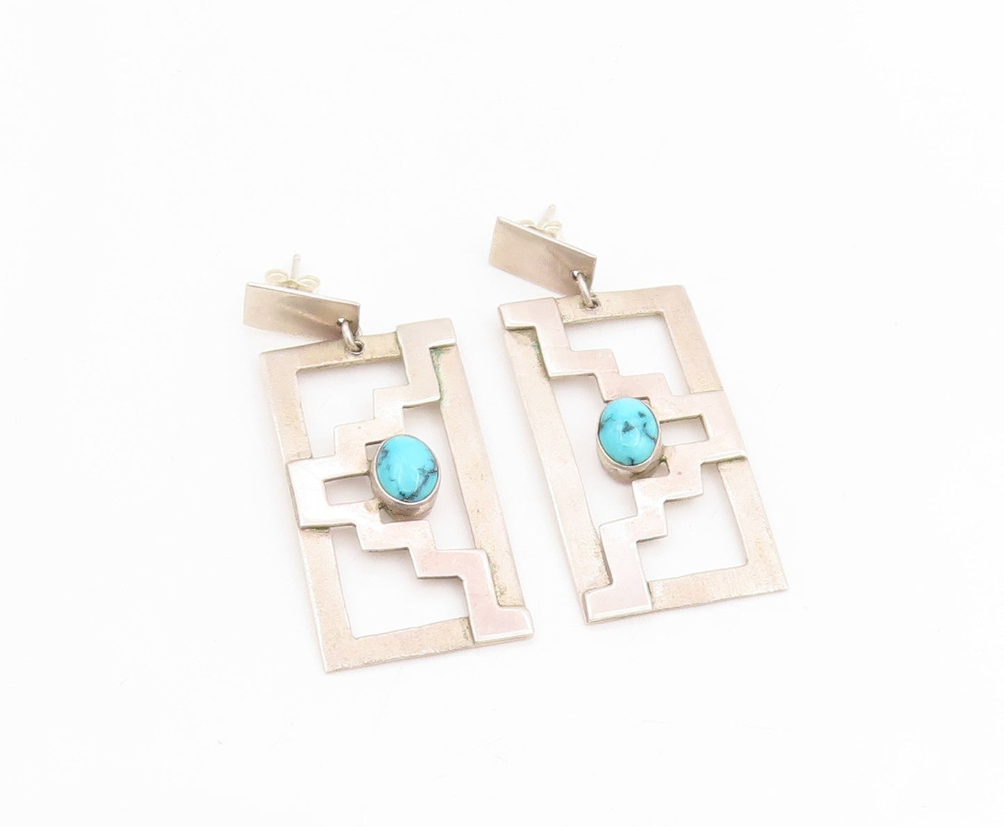 925 Sterling Silver Vintage Earrings Cabochon Turquoise Geometric Dangle EG13749