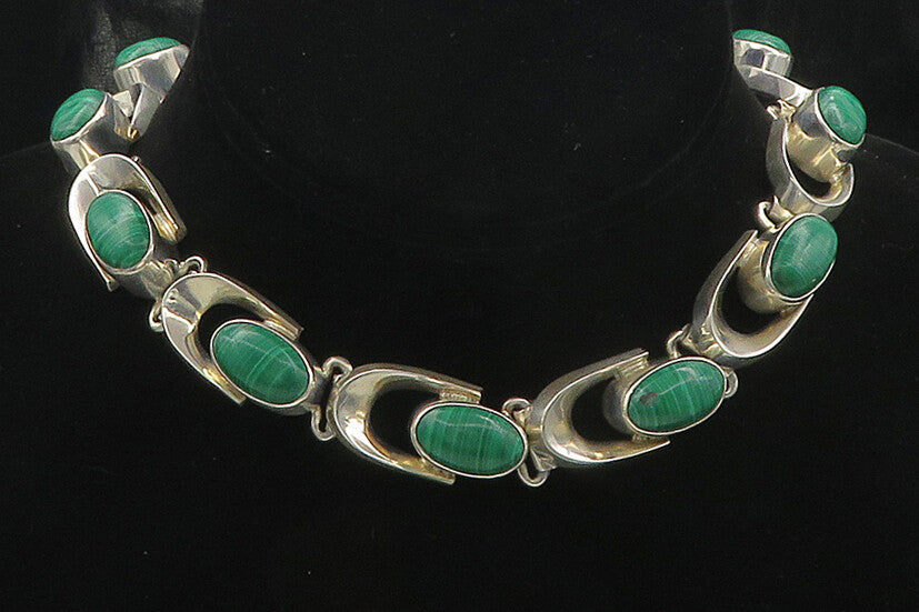 MEXICO 925 Sterling Silver Vintage Cabochon Malachite Chain Necklace  NE2887