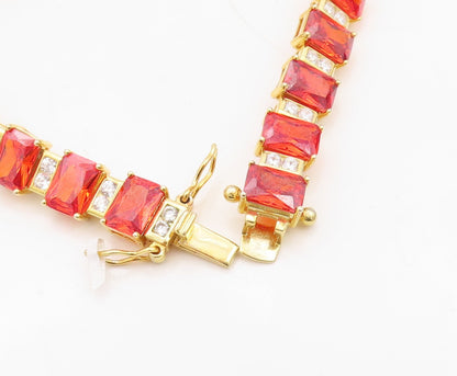 925 Sterling Silver Vintage Bracelet Gold Plated Red & White CZ  BT10780