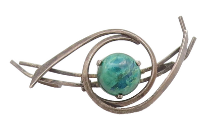 ISRAEL 925 Silver  Vintage Cabochon Cut Eilat Stone Swirled Brooch Pin  BP7921