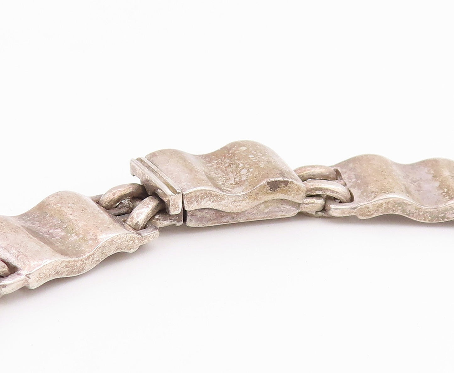 925 Sterling Silver Vintage Necklace Modernist Textured Wave Panel Choker NE4887