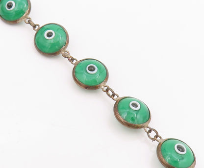 925 Sterling Silver Vintage Bracelet Green Evil Eye Design Link Chain  BT11556